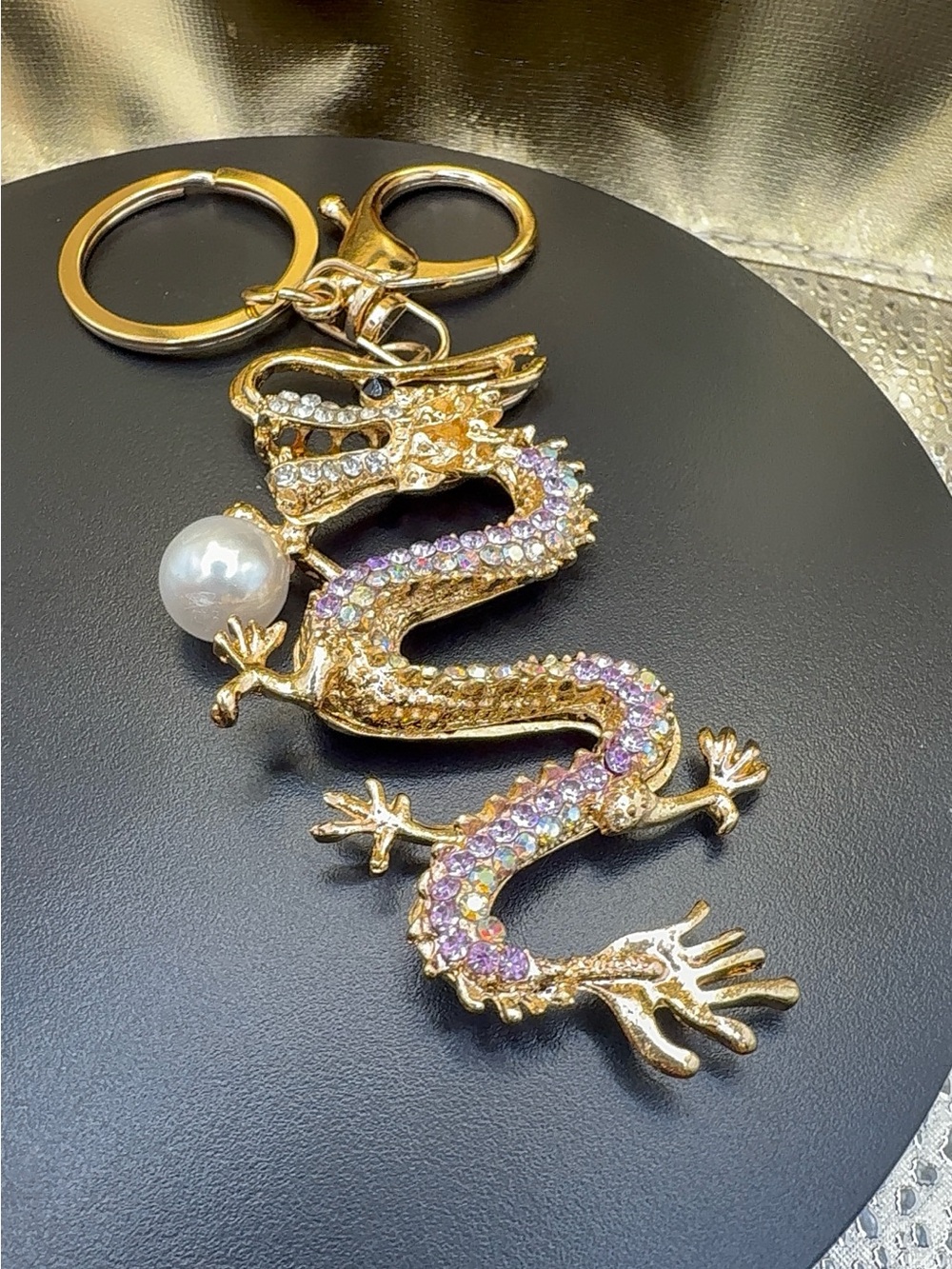 Gold Dragon Keychain Charm with Pink Crystal Accents